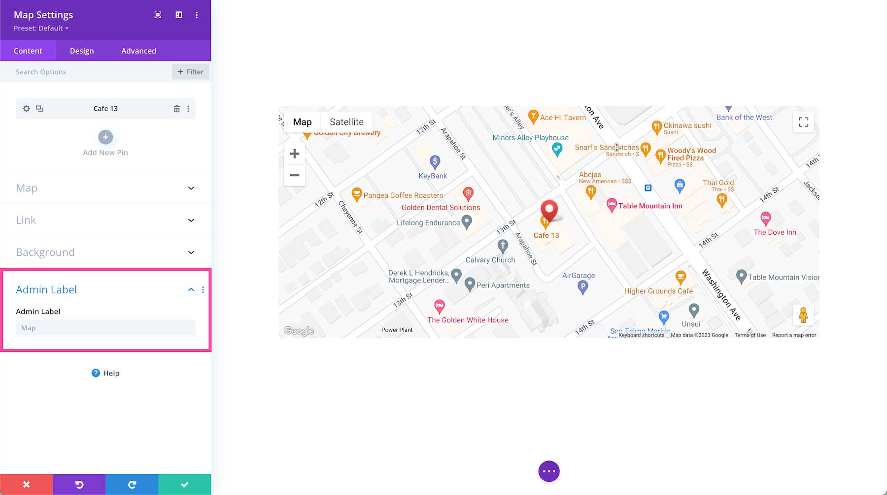 Divi Map Module admin label