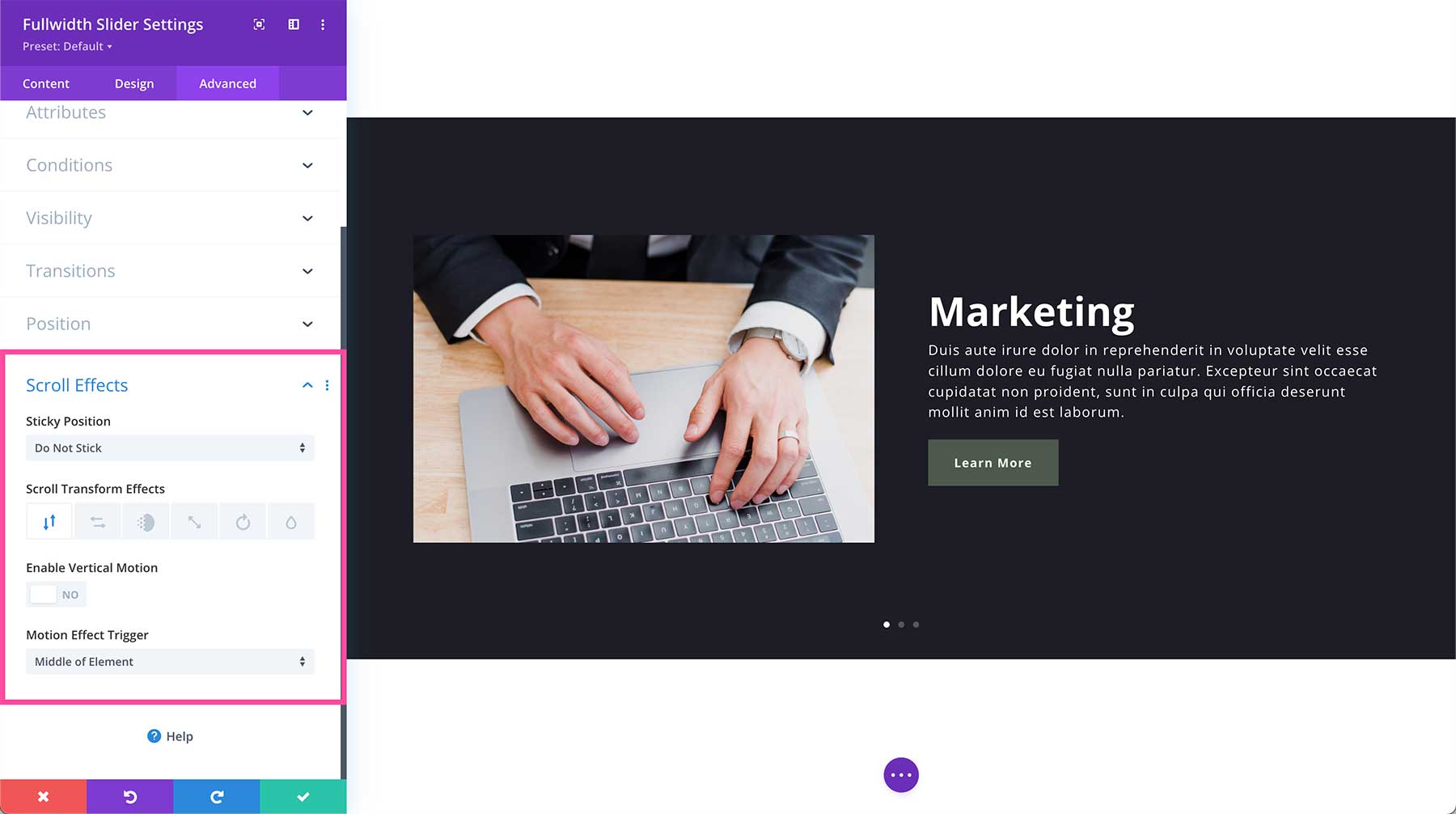 Divi Fullwidth Slider Module scroll effects