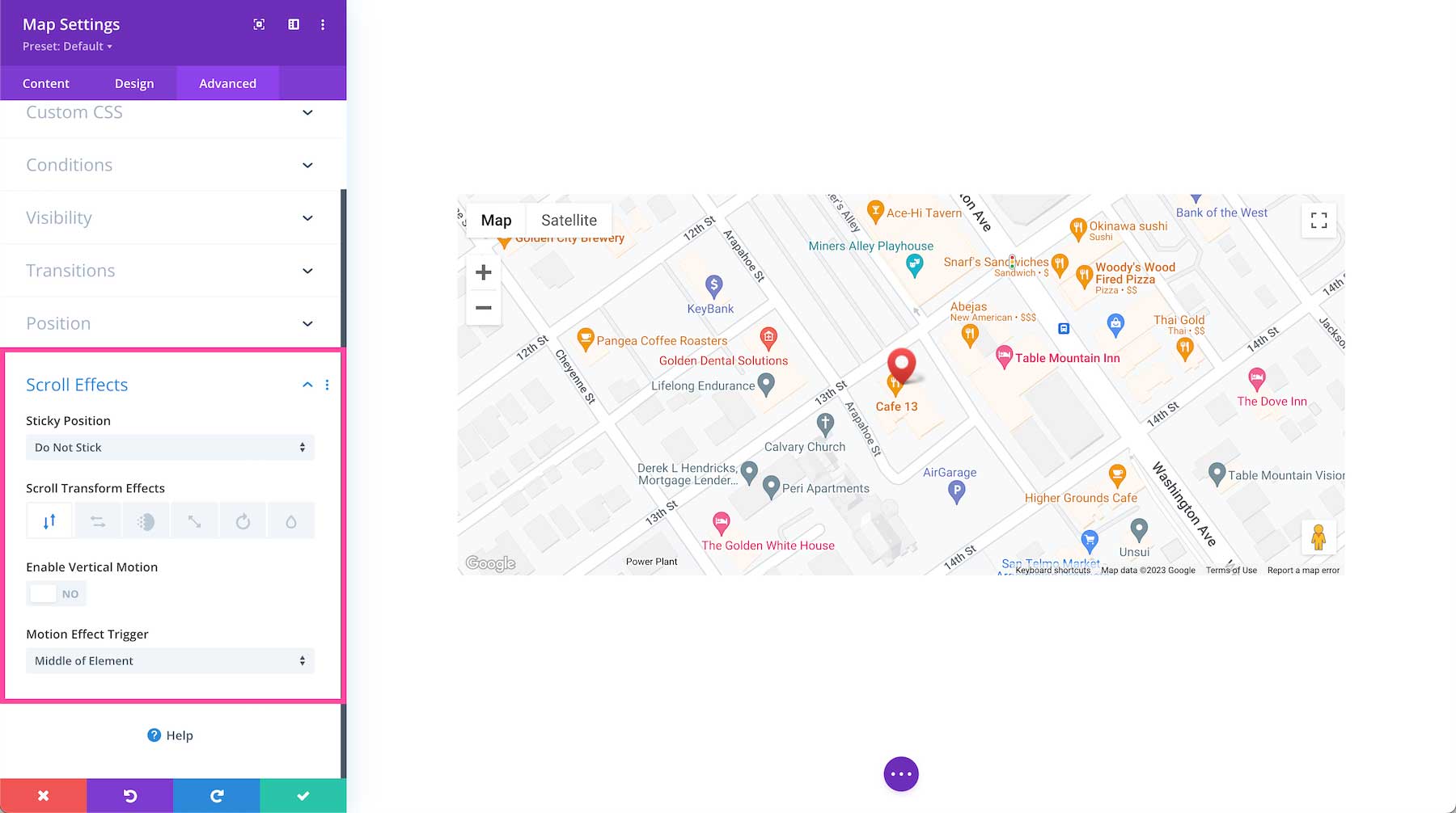 Divi Map Module scroll effects