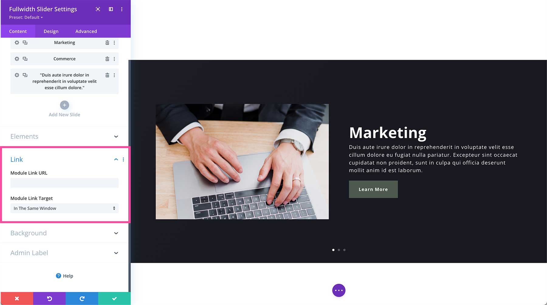 Divi Fullwidth Slider Module link settings