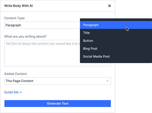 Divi AI Text Content Types